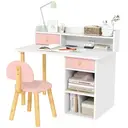 AIYAPLAY Kids Desk and Chair Set, Children Study Table with Hutch, Storage, Drawer, Shelves, for Studying, Reading, Drawing, for Ages 3-8 Years, Pink image 0