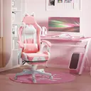 HOMCOM Gaming Chair for Adults with Cat Ears, Faux Leather Reclining Computer Chair with Footrest, Lumbar Support and Headrest, Height Adjustable Swivel Seat, Pink image 1
