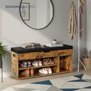 Ochama x SONGMICS Storage Bench with Cushion, Shoe Bench with Padded Seat, Entryway Bench with 3 Compartments, Hidden Storage, Shelves, Brown and Black image 3