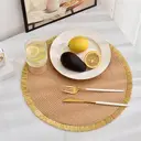 White Label 6-piece set, PP-woven bright thread tassel placemat Straw Yellow + Gold Tassel，round 38cm, hand-woven with PP material, perfect for wiping and cleaning, and shining at holiday parties and weddings image 4