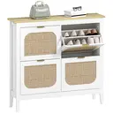 HOMCOM Shoe Storage Cabinet with 4 Flip Drawers, Boho Slim Shoe Cabinet with Rattan Doors for Entryway, Hallway, Holds 20 Pairs, White image 0