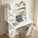 HOMCOM Bureau Pliant, Bureau Informatique avec Plateau Rabattable, Étagères de Rangement et Placard, Style Moderne, 80 x 30 x 128 cm, Blanc image 1