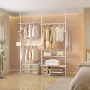 eSituro Teleskop-Kleiderständer, freistehender Kleiderschrank von Boden bis Decke mit 3 Kleiderstangen, 2 Regalen und Seitenhaken, offener Kleiderschrank mit Kleiderstange, Weiß image 5