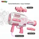 Tokky Pink Gatling Bubble Gun, 48-Hole Automatic Bubble Machine with Colorful LED Lights, USB Charging & 360° Leak-Proof Design, Tactical Appearance Girl's Toy, Suitable for Weddings, Parties, Birthday Gifts image 1