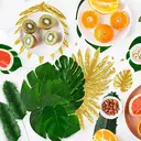 66pcs 15.3in/38.8cm
Artificial Palm Leaves Tropical Fake Leaves, Monstera Leaf Gold and Green Faux Leaves for Safari Jungle Hawaiian Dinosaur Luau Party Table Decoration image 10