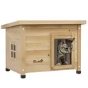 PawHut Maison pour chats niche d'extérieur en bois surélevée avec toit asphalte, porte avec rideau, fenêtre, 57 x 45 x 43 cm jaune image 0