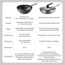 ochama  Premium Iron Wok, 32cm Non-stick Iron Pan, Stir-fry Pan, Frying Pan, Low Smoke, Compatible with Induction and Gas Stoves, Teflon-free Coating, Includes Lid, 32cm image 9