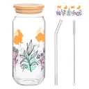 Alphynix Gobelet en verre avec couvercle en bambou et paille 500 ml - Lapin et fleurs image 0