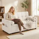 HOMCOM Canapé convertible 2 places 3 en 1, canapé-lit capitonné, lit gigogne double, dossier réglable, 2 coussins et poches d'accoudoirs, tissu aspect lin, pour chambre, beige image 2