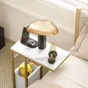 HOMCOM Table d'appoint avec station de charge, bout de canapé étroit forme C avec sac de rangement en tissu, plateau aspect marbre, cadre en acier, table basse pour salon, chambre, 46x25x62,5cm, blanc image 3