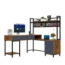 Bureau en forme de L de style industriel, construction en acier et bois, cadre en métal antirouille, avec tiroirs, noir + teinte bois. image 0