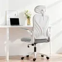 HOMCOM Foldable Desk Chair, Mesh Office Chair with Folding Backrest, 2D Headrest, Flip-up Armrest, Lumbar Support, Swivel Wheels,Space Saving Chair for Home Office, Light Grey image 1
