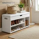 Ochama x SONGMICS Storage Bench with Cushion, Shoe Bench with Padded Seat, Entryway Bench with 3 Compartments, Hidden Storage, Shelves, White image 4
