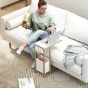 HOMCOM Table d'appoint avec station de charge, bout de canapé étroit forme C avec sac de rangement en tissu, plateau aspect marbre, cadre en acier, table basse pour salon, chambre, 46x25x62,5cm, blanc image 7