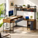 Bureau en forme de L de style industriel, construction en acier et bois, cadre en métal antirouille, avec tiroirs, noir + teinte bois. image 1