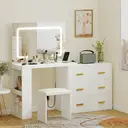 HOMCOM Coiffeuse avec miroir et tabouret, éclairage LED réglable 3 couleurs, 2 USB ports et 2 prises, table de maquillage modulable avec 6 tiroirs à fermeture douce, 2 étagères, siège rembourré, blanc image 4