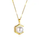 Hexagon Pearl Pendant Necklace, 18K Gold Plated Geometric Jewelry image 1