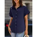 Women's Short Sleeve Shirts V Neck Collared Button Down Shirt Tops with Pockets (darkblue, L) image 0