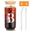 Alphynix 1pc Modern Glass Cup, 500ml Tall Iced Coffee Glass with Monogram "B" Design, Bamboo Lid & Straw, Cold Drink Tumbler for Iced Tea, Juice, Boba image 0
