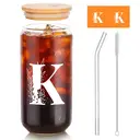 Alphynix 1pc Modern Glass Cup, 500ml Tall Iced Coffee Glass with Monogram "K" Design, Bamboo Lid & Straw, Cold Drink Tumbler for Iced Tea, Juice, Boba image 0