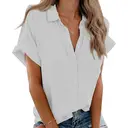 Women's Short Sleeve Shirts V Neck Collared Button Down Shirt Tops with Pockets (White, M) image 0