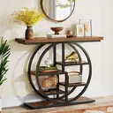 Tribesigns Console Table 105cm Industrial 6 Tier Sofa Table Entrance Table with Circle Base Narrow Wood Accent Tables with Storage Shelves for Living Room Hallway Foyer Rustic Brown image 1