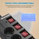 Dewenwils stekkerdoos met 6 stopcontacten, 2 USB-poorten, individueel geschakeld, brede afstand tussen stopcontacten en 90°-ontwerp, overbelastingsbeveiliging en kinderbeveiliging, 3680 W/16 A, 5 m kabel, zwart image 2