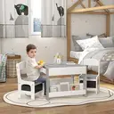 HOMCOM 3 Piece Kids Table and Chair Set, 3 in 1 Design Kids Desk and Chair Set with Blackboard, Storage, Bookshelves, for Nursery, Playroom, Classroom - Grey image 4