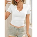 Women's Summer Sexy Short Sleeve Tshirt Tops Deep V Neck Shirts Casual Slim fit Basic T-Shirt Tee (white， S) image 2