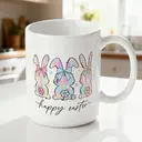 Alphynix 1 Mug Joyeuses Pâques, tasse à café céramique 33cl avec trois lapins dos et nœuds pastel, cadeau de Pâques festif pour enfants, filles, femmes,Le cadeau de la saint-valentin, cadeau d’anniversaire image 1