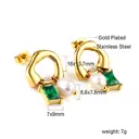 Gold Tone Open Hoop Earrings with Emerald Green CZ and Pearl, Geometric Dangle Studs image 1