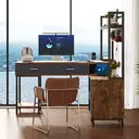 Bureau en forme de L de style industriel, construction en acier et bois, cadre en métal antirouille, avec tiroirs, noir + teinte bois. image 3