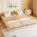 Bodenbett 90x200 cm - Kinderbett - mit Schutzgitter und Lattenrost - für 2 Kinder - aus Kiefernholz - Natur image 1