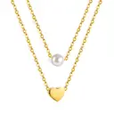 18K PVD Gold Stainless Steel Double Layered Necklace, Heart and Pearl Pendant Choker Set image 1