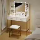 HOMCOM Dressing Table with Lighted Mirror, Cushioned Stool, Drawers, Shelves, LED Makeup Vanity Desk Set, Modern Dresser Vanity Table for Bedroom, White image 6