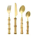Fangyuan Set de 4 couverts en acier inoxydable compatible lave-vaisselle - Or + Manche bambou image 2
