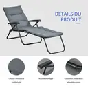 Outsunny Bain de soleil pliable transat inclinable 6 positions grand confort avec matelas + accoudoirs acier polyester gris image 4
