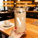 Alphynix 1pc Modern Glass Cup, 500ml Tall Iced Coffee Glass with Monogram "Y" Design, Bamboo Lid & Straw, Cold Drink Tumbler for Iced Tea, Juice, Boba image 2