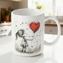 Alphynix 1pc Valentine's Day Gift Mug, 11oz Ceramic Cup with Girl Holding Red Heart Balloon, Romantic Gift for Her, Girlfriend, Wife, Anniversary image 1