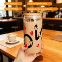 Alphynix 1pc LOVE Heart Glass Tumbler, 500ml Clear Iced Drink Cup with Creative Letter Design (Heart O, Dual-Heart V), Includes Bamboo Lid & Glass Straw, Romantic Gift image 3