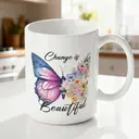 Alphynix 1pc 11oz White Mug with "Change is Beautiful" Quote & Butterfly-to-Flowers Transformation Design, Uplifting Metaphor Christmas or Thanksgiving Gift image 1