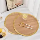 White Label 6-piece set, PP-woven bright thread tassel placemat Straw Yellow + Gold Tassel，round 38cm, hand-woven with PP material, perfect for wiping and cleaning, and shining at holiday parties and weddings image 1