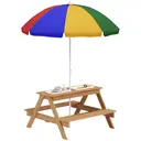 AIYAPLAY Kids Picnic Table, Sand and Water Table with Wooden Benches, Adjustable Parasol and Storage Bins, Outdoor Garden Furniture for Children 3-6 Years, Multicolour image 0