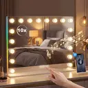 HOMCOM Miroir maquillage Hollywood 80x60cm miroir coiffeuse LED 18 ampoules dimmables 3 couleurs d'éclairage lumière RGB haut-parleur Bluetooth grossissement 10x contrôle tactile sur table/sur mur image 1