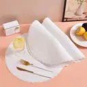 White Label 6 pieces, round 38cm woven placemats,Polyester patchwork outer ring three-strand placemat  White， anti-slip polyester Nordic placemats, suitable for home, kitchen, and dining table use, perfect for holiday parties, birthdays, weddings, and dinners image 2