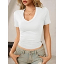 Women's Summer Sexy Short Sleeve Tshirt Tops Deep V Neck Shirts Casual Slim fit Basic T-Shirt Tee (white， S) image 0