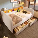 Polsterbett Tagesbett 140x190 cm, Schlafsofa mit LED und USB-C Ladefunktion,Leinen, Hellbeige (Ohne Matratze)  image 2
