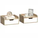 HOMCOM Lot de 2 tables de chevet murales, tables de nuit suspendues avec tiroir et plateau à rebords surélevés, style moderne, pour chambre à coucher, salon, 40 x 30 x 19,5 cm, blanc et bois naturel image 0