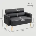 HOMCOM 2 Seater Sofa, Modern Faux Leather Couch Settee, Upholstered Small Sofa Loveseat with Wood Legs, Side Pocket for Living Room, Bedroom, Office, Black image 2