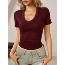 Women's Summer Sexy Short Sleeve Tshirt Tops Deep V Neck Shirts Casual Slim fit Basic T-Shirt Tee (winered， S) image 0